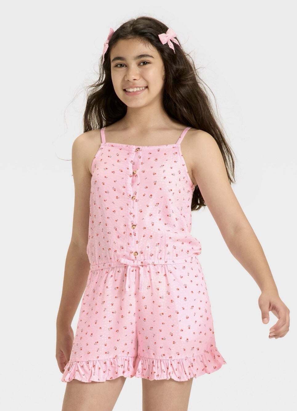 Cat And Jack Romper Girls Small 6/7T floral pink Ruffle Stretch Sleeveless